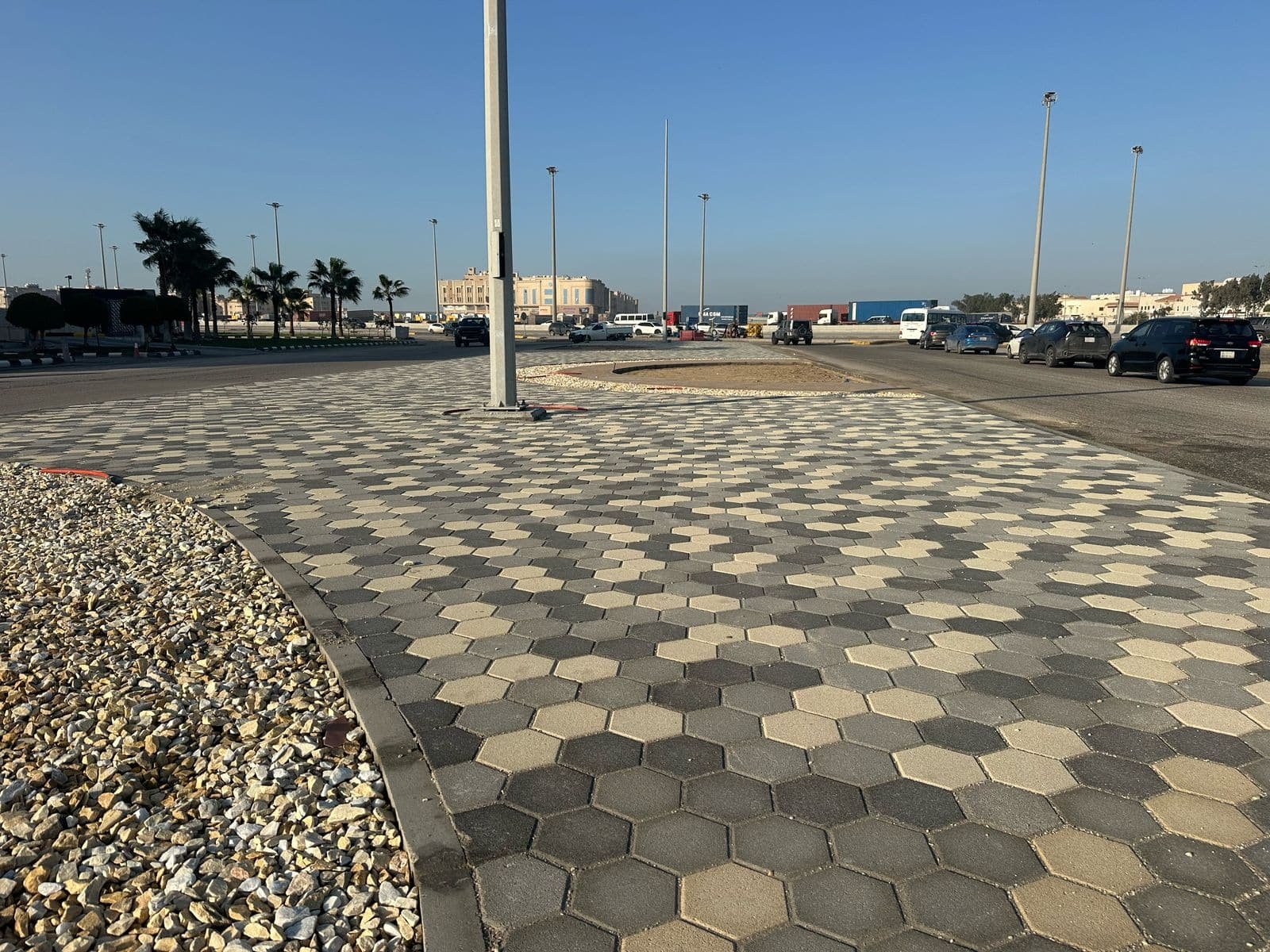 Hexagonal pavers at a roundabout